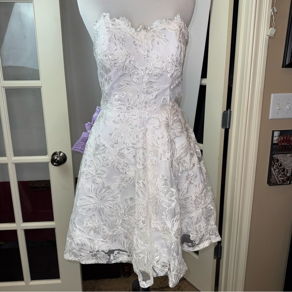 Miss Veil Wedding Lace Mini Dress Strapless Beach Wedding Prim Dance Organza Bow - Picture 2 of 16